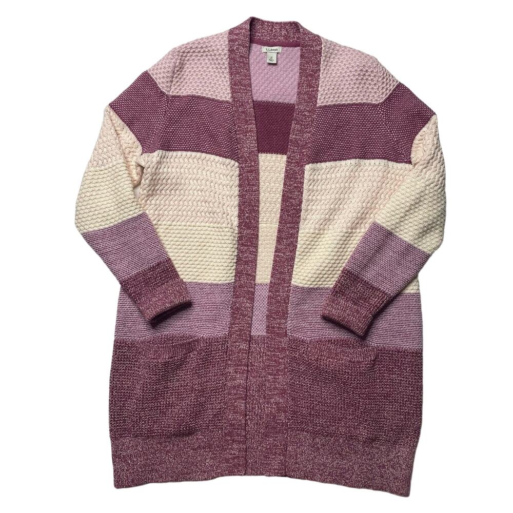 L.L. Bean Pink Stripe Open Front Cardigan Knit Sweater Sz Medium Organic Cotton